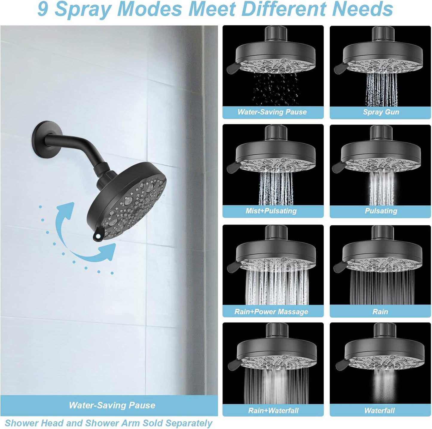 OFFO Shower Head, High Pressure Shower Head with Pause Mode, 9 Mode Fixed Showerheads for Strong Water Flow & Relaxing Shower Experience,Brushed Nickel