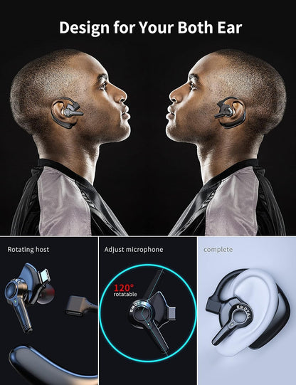 emotal Dual-Mic AI Noise Cancelling Bluetooth Headset for Cell Phones, 10 Days Standby 30Hrs HD Talktime Bluetooth Earpiece IPX6 Waterproof Ultralight for Driving/Truckers/Business
