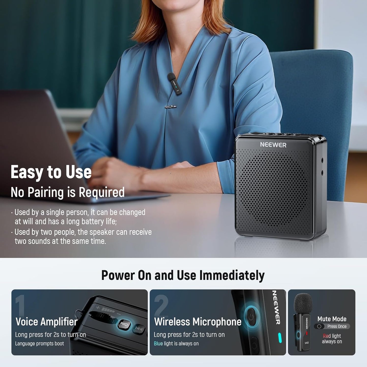 NEEWER VA01 Voice Amplifier with Wired Headset Microphone, Speaker, Shoulder Strap, AUX Output, USB C Rechargeable Portable Sound Amplifier with Mic 14Hrs Battery for Teachers, Trainers, Tour Guides
