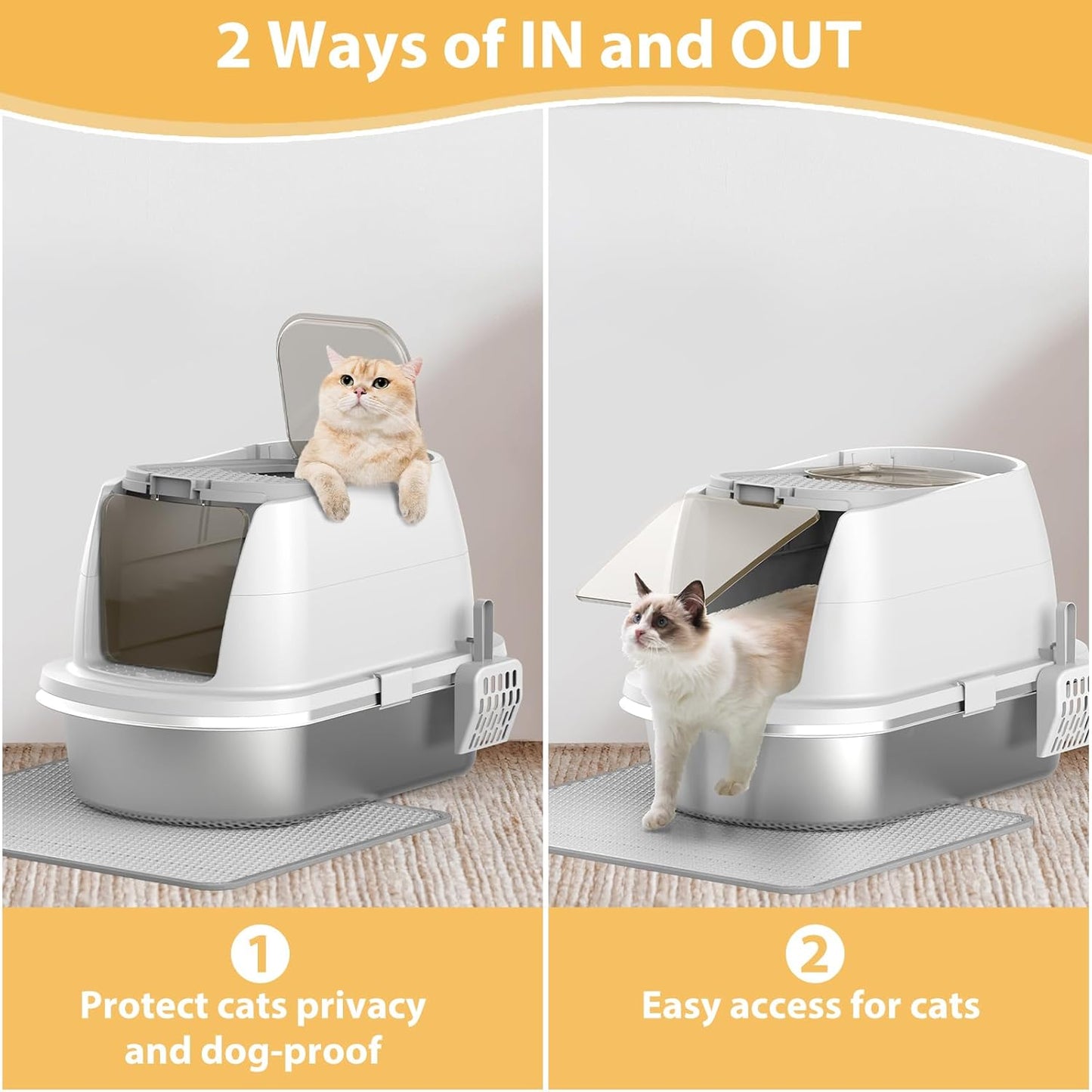 OGEMXU Stainless Steel Litter Box with Lid, Top Entry Covered Kitten Litter Box, Enclosed Litter Tray for Easy Cleaning & Odor Control, Includes Scoop and Litter Mat, Gray