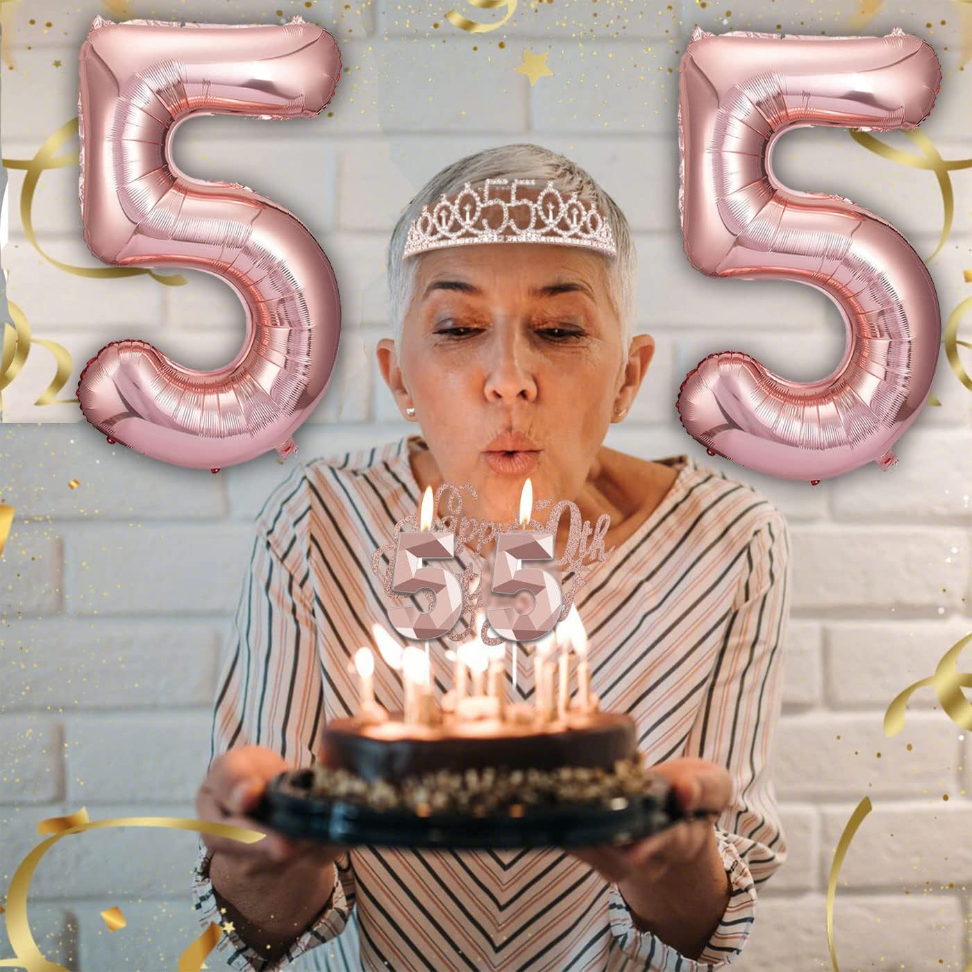 8pcs 40th Birthday Decorations gifts for Women, Including 40th Happy Birthday Cake Topper, Queen Sash with Pearl Pin, Sweet Rhinestone Tiara Crown for Women, Number Candles and Balloons (Rose Gold)