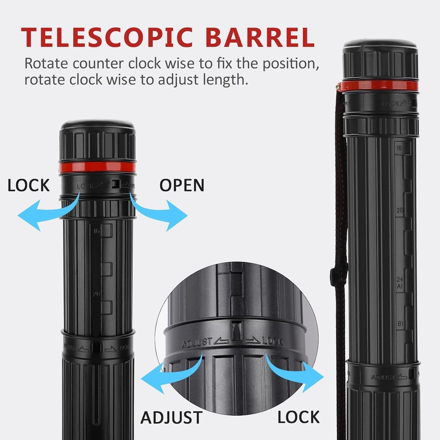 DEWEL Drawing Tube Blueprint Case Telescoping Art Tube Expands from 30”to 52”, Large Plastic Black Fishing Rods Storage Tube Waterproof and Light Resistant Poster Tube with Strap (XL Size)