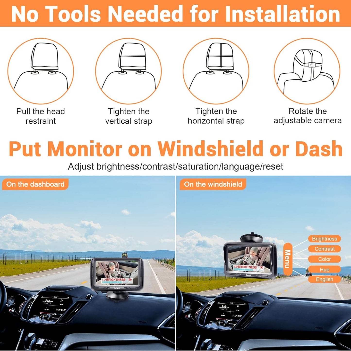 Rohent Baby Car Camera HD 1080P - Rear-Facing Infant Monitor with Night Vision Car Camera for Baby 150° Wide-Angle Lens Anti-Glare Screen Easy Install 360° Adjustable Display