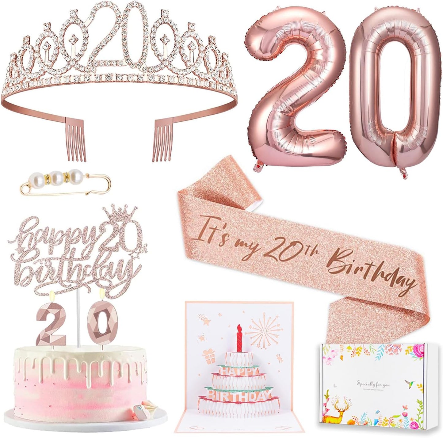 8pcs 40th Birthday Decorations gifts for Women, Including 40th Happy Birthday Cake Topper, Queen Sash with Pearl Pin, Sweet Rhinestone Tiara Crown for Women, Number Candles and Balloons (Rose Gold)