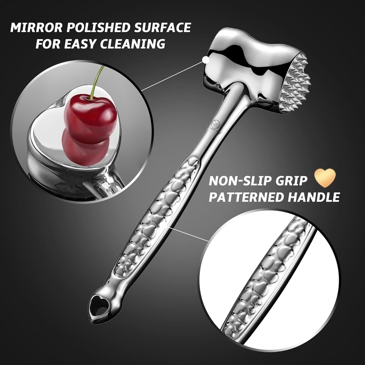 Stainless Steel Meat Tenderizer Tool, Premium Meat Mallet with Non-Slip Grip, Dual-Sided with Heart Shape Design for Tenderizing Steak, Poultry & Chicken Cutlet, Dishwasher Safe, Lifetime Replacement