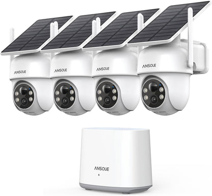 ANSQUE Solar Security Cameras Wireless Outdoor, 4-Cam Kit, No Monthly Fee, 2K Color Night Vision with Solar Panel, Local Storage, 360° View, Auto Tracking