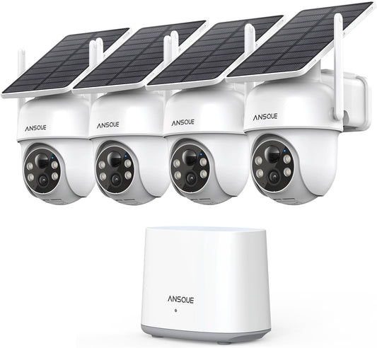 ANSQUE Solar Security Cameras Wireless Outdoor, 4-Cam Kit, No Monthly Fee, 2K Color Night Vision with Solar Panel, Local Storage, 360° View, Auto Tracking