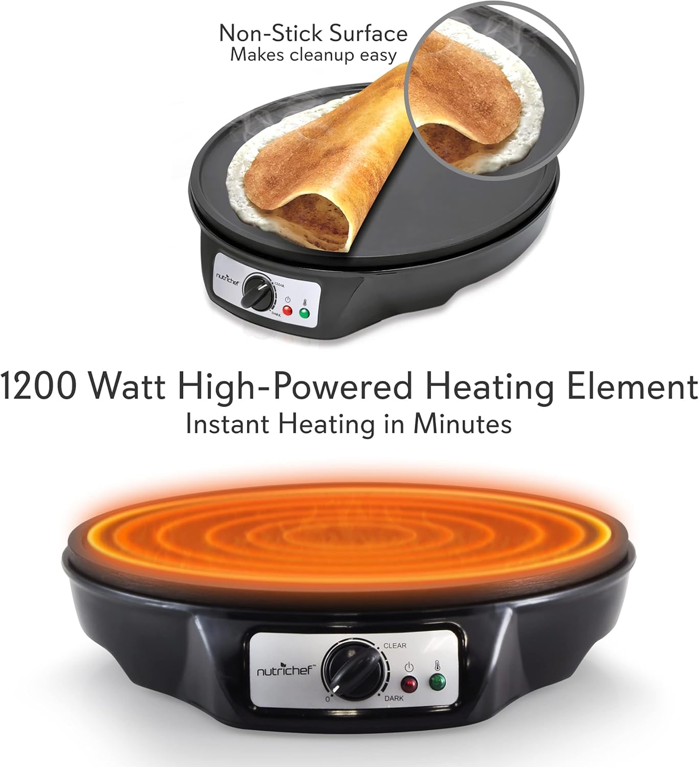 NutriChef Electric Crepe Maker, Cooks Roti, Tortillas, Pancakes, Nonstick Cooktop, 8-inch Cook Area On/Off Switch, Automatic Temperature Control & Cool Touch Handle, Includes Food Bowl, Whisk, Spatula