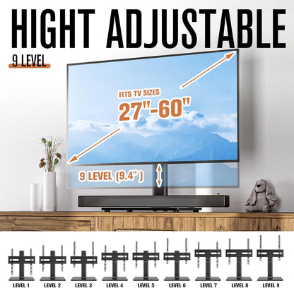 Universal TV Stand/Base Table Top TV Stand with Wall Mount for 27 to 55 inch 9 Level Height Adjustable, Heavy Duty Tempered Glass Base, Holds up to 88lbs Screens, HT06B-001