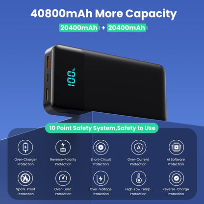 Power Bank 40800mAh Portable Charger with 3 Built-in Cable,25W PD USB C in&Out Power Bank Fast Phone Charging,QC4.0 LED Display Portable Battery Pack Compatible with iPhone 16/15,Samsung Android-Black