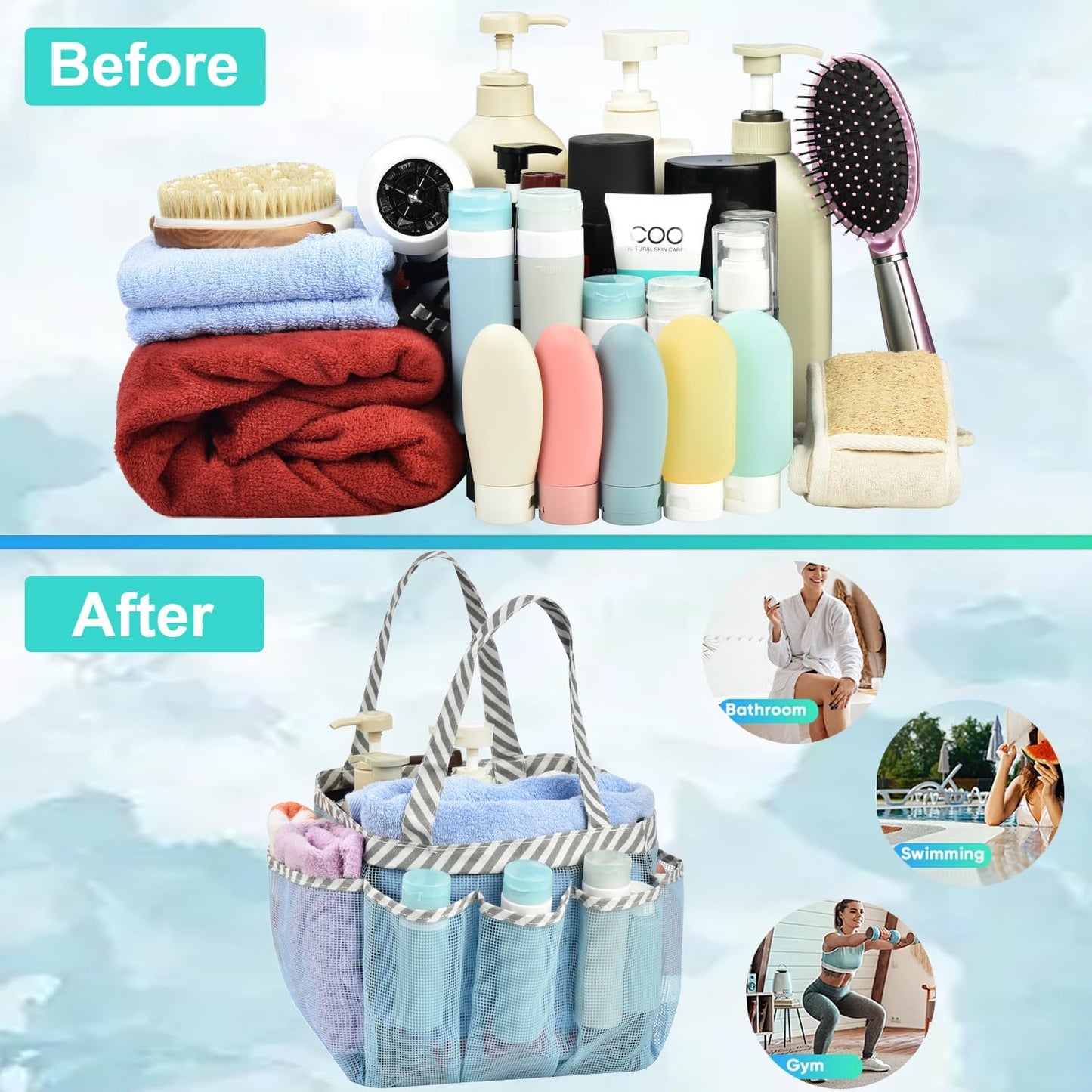 Mesh Shower Caddy Tote, Large College Dorm Bathroom Caddy Organizer with Key Hook and 2 Oxford Handles, Quick Hold, 8 Basket Pockets for Camp Gym