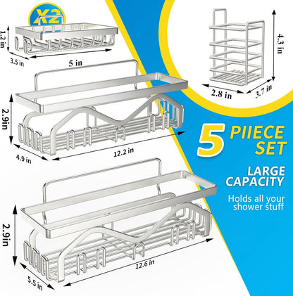 Coraje Adhesive Shower Caddy, 5-Pack Shower Shelves, Large Capacity Load Bearing 40 LBS Shower Organizer, No Drilling Shower Shelf, Rustproof Stainless Steel Bathroom Shower Storage, Black