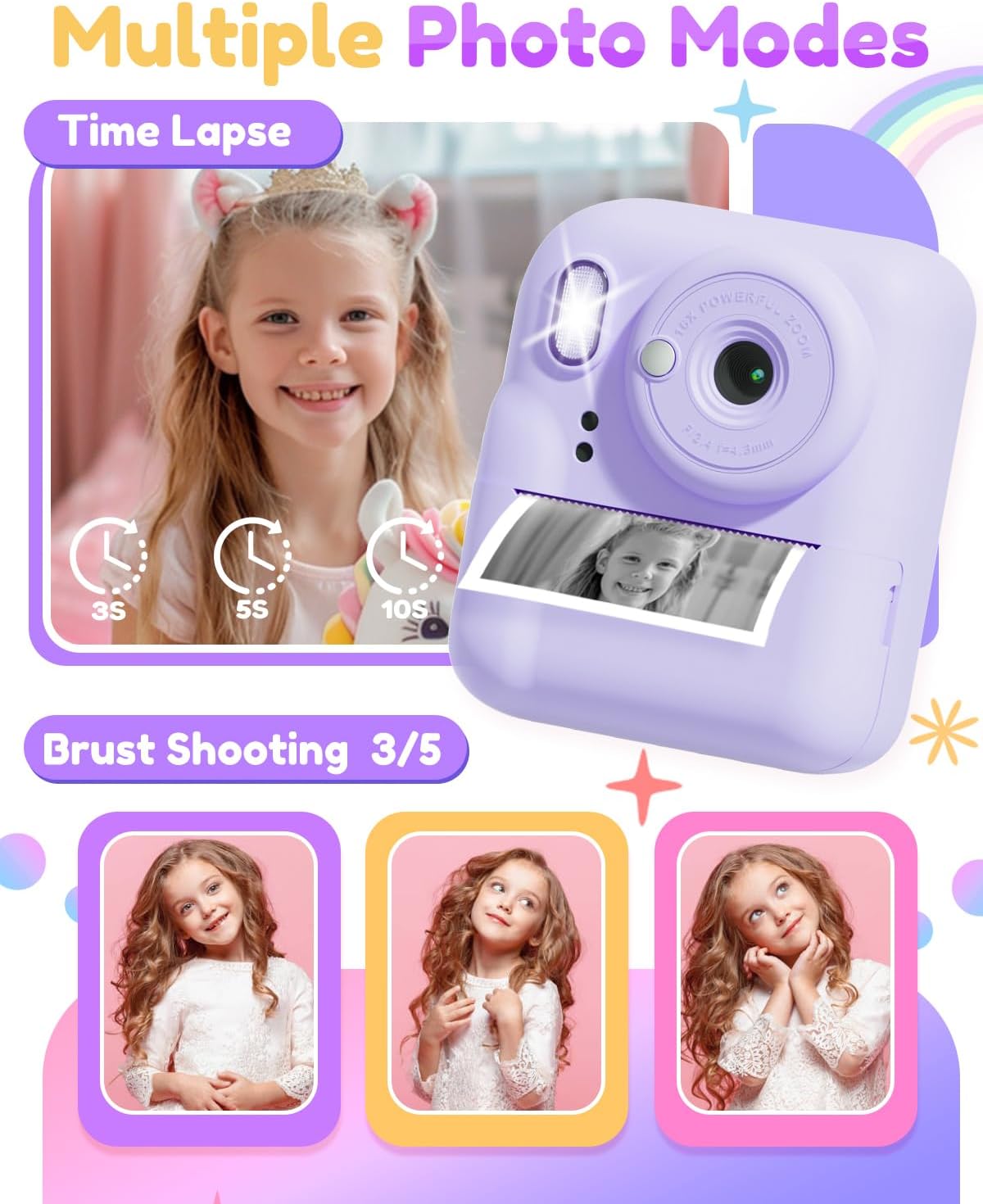 Pussan Kids Camera Instant Print, 1080P Instant Print Camera Toys for 3-12 Year Old Girls, Christmas Birthday Gifts for Age 3 4 5 6 7 Girls, Kids Digital Camera Toys with 3 Rolls Print Paper-Pink