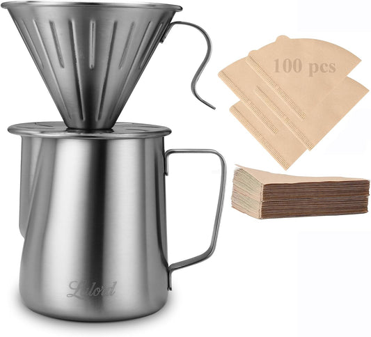 Lalord Pour Over Coffee Maker Set, 304 Stainless Steel wIth 100 pcs 02 Paper Filters & 600ml Milk Frothing Pitcher, for Home & Camping