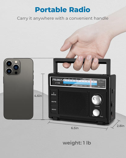 PRUNUS J-136 Portable Radio AM FM Battery Operated and Plug in Wall Transistor Radio Loud Speaker Support AUX in and Micphone in, Small Radios Portable AM FM