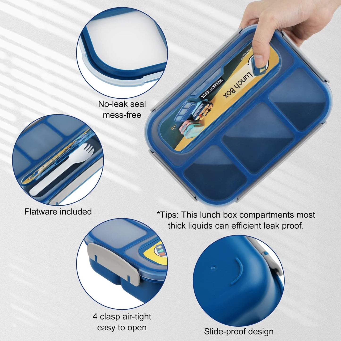 MaMix Bento Lunch Box Adult, Kids, Lunch Containers for Adults/Kids/Students,1300ML-4 Compartment (Blue)