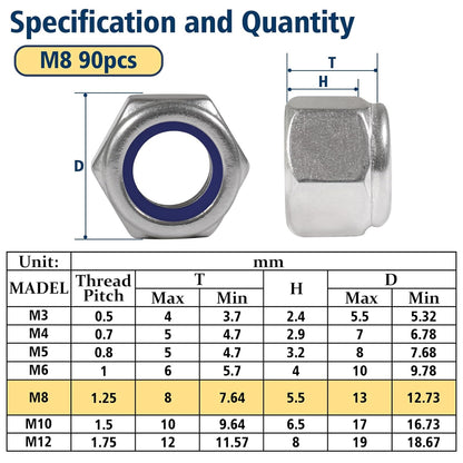 Vifmy 110 Pack 1/4"-20 Inch Lock Nuts,304 (A2-70) Stainless Steel Nylon Insert Locknuts,Standard Inch Thread Nylock Nuts for Bolts