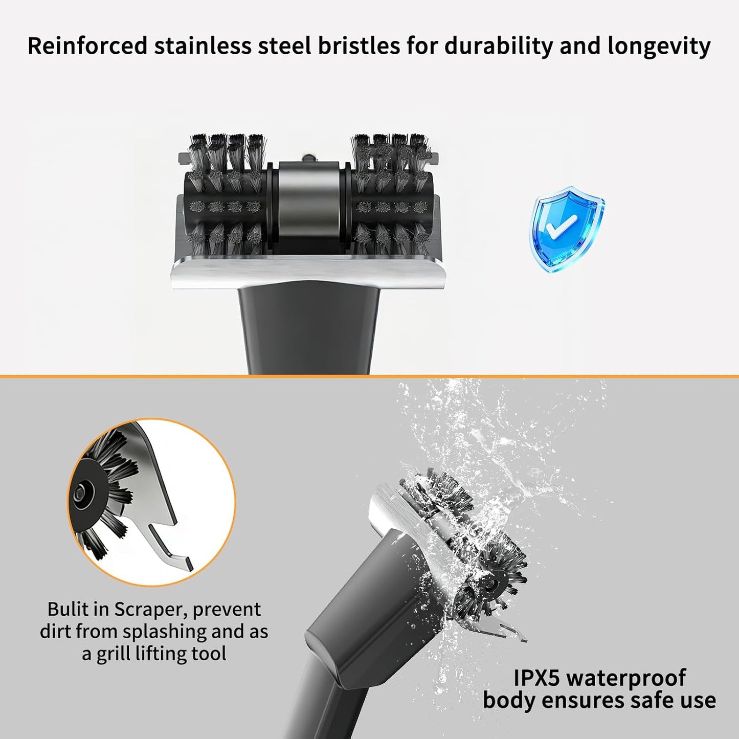 Cordless Electric Grill Brush for Outdoor - Waterproof BBQ Grill Cleaner with Lights Water Spray - Grill Cleaning Brush for Burnt-On Grease&BBQ Grates, 90-Min Runtime, 2 Stainless Heads Refill
