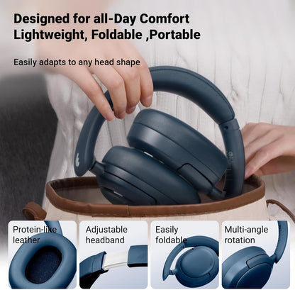 Edifier V80 Hybrid Active Noise Cancelling Bluetooth Headphones, Wireless Over Ear Headset with 45H Playtime, Wired Hi-Res Audio Fast Charging Multipoint Connection for Home Travel Office - Navy Blue