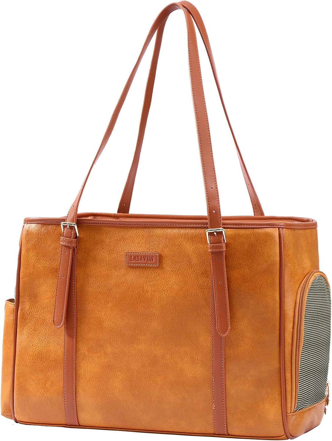 Lasaviin Fashion Dog Purse Pet Carrier Leather Bag for Small Dogs Cats Puppy, Portable Tote Bag Airline Approved Soft-Sided Carriers (Brown)