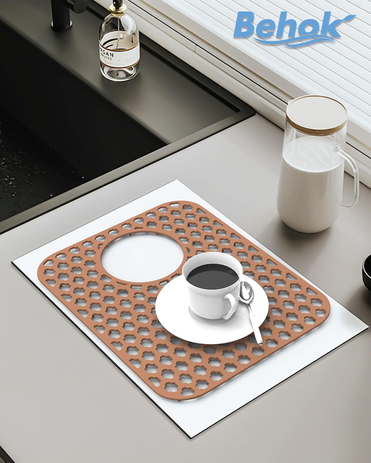 BEHOK 2 Pack Silicone Sink Protector for Kitchen Sink Bathroom Sink 13.58"x 11.6" Sink Mat, Non-Slip and Durable Silicone Sink Grid, Rear Drain (Gray)