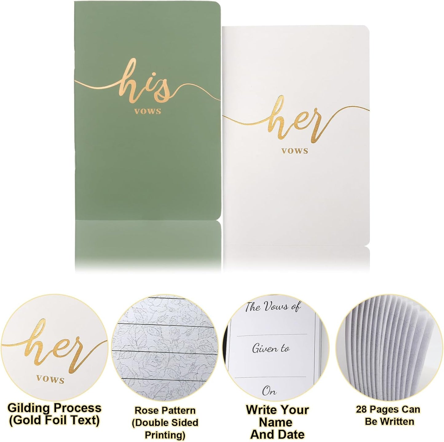 Vekola Vow Books for Wedding His and Hers Elegant Gold Foil Set of 2 Wedding Notebook with 28 Pages (Navy Blue+White)