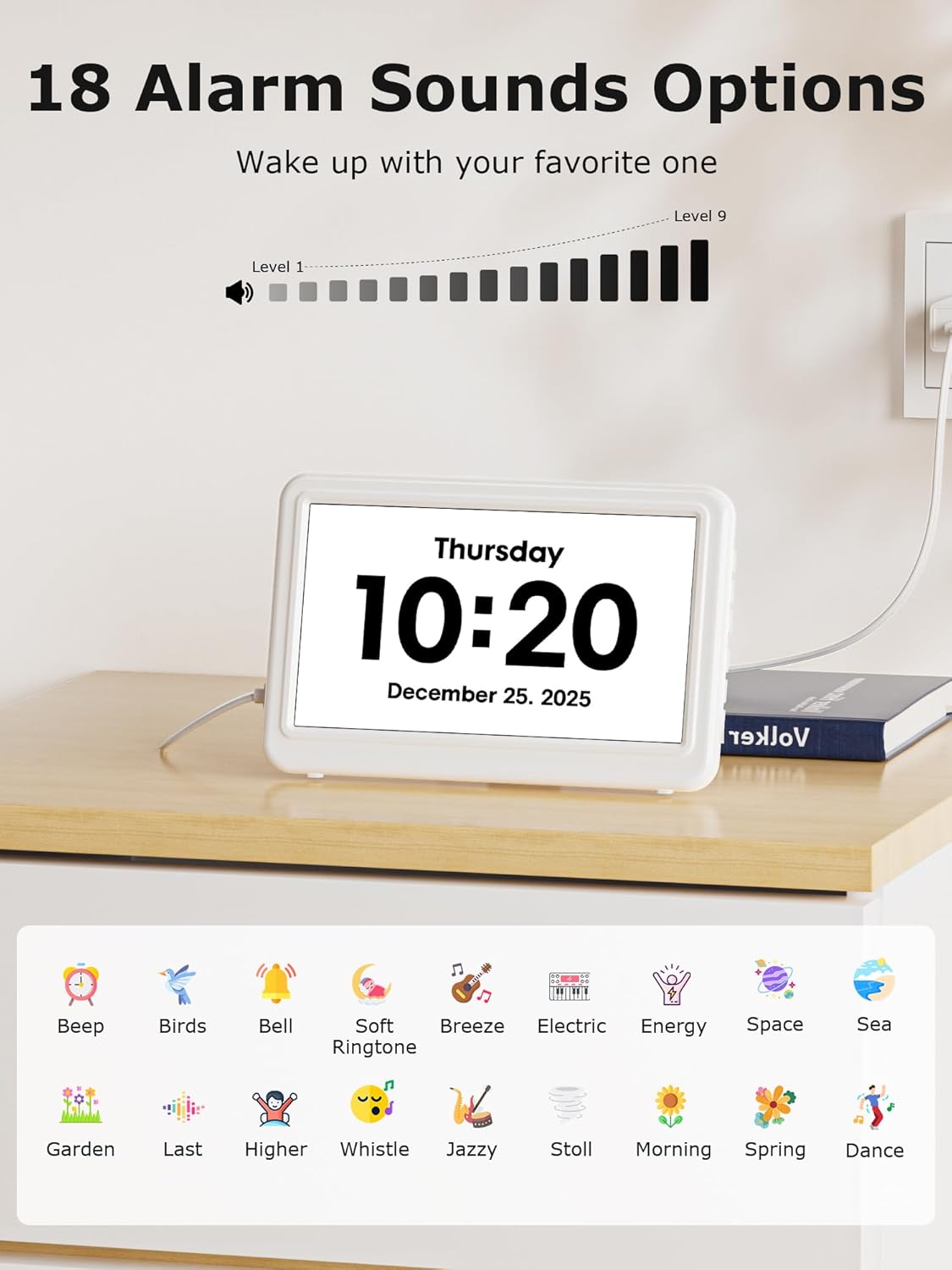 10.1'' Large Display Dementia Clock for Seniors, Calendar Clock with Remote Control,12 Themes, 20 Alarms, 20 Reminders, 6 Languages, Auto Dimming, 12/24 Hours, Indoor Temperature, Humidity