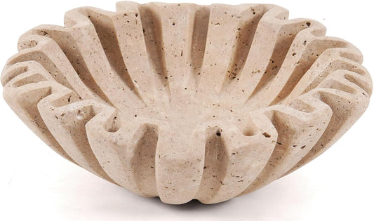 Handmade Travertine Decorative Bowl | Ruffle Stone Bowl | Scalloped Key Bowl | Entryway Accent Bowl | Table Centerpiece Bowl