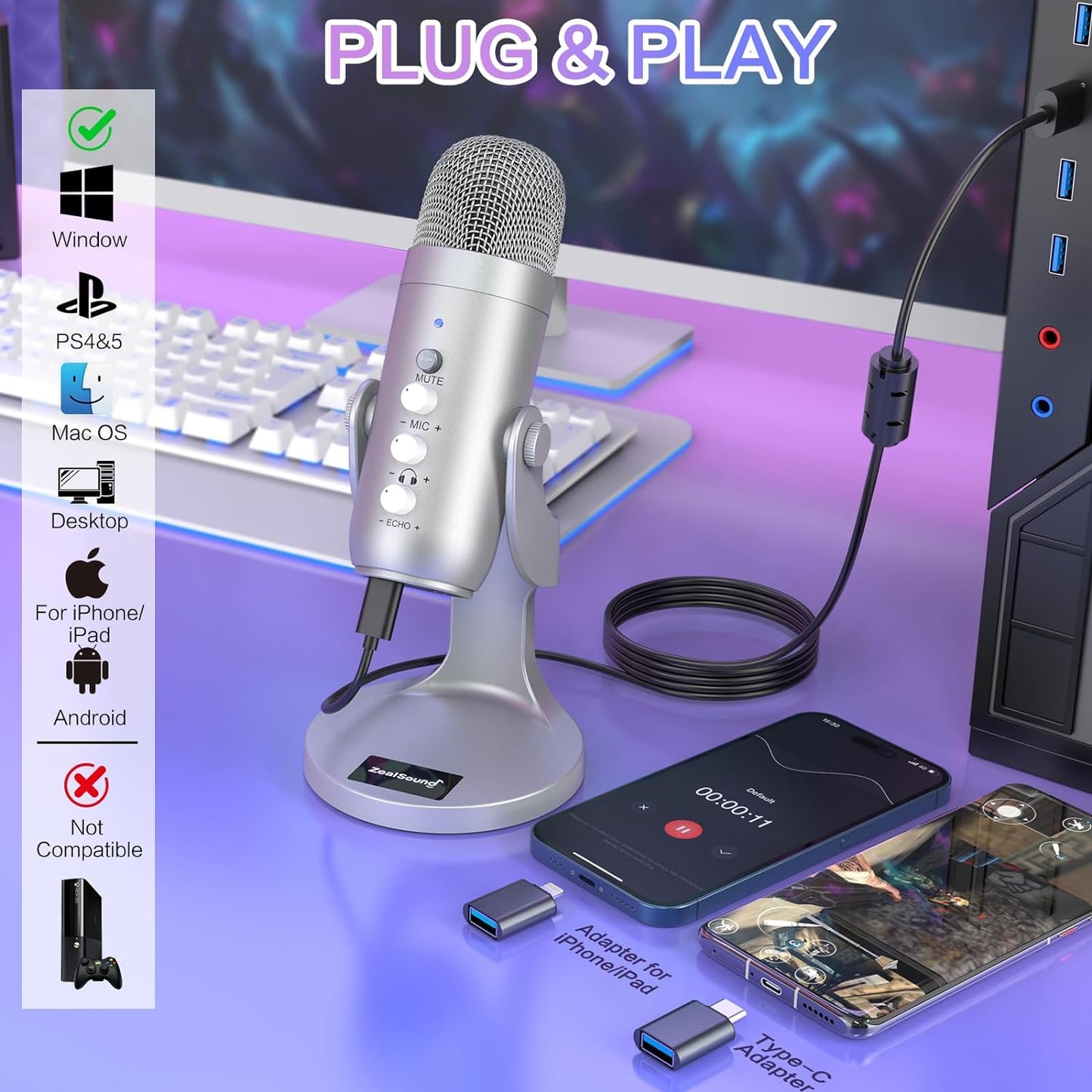 ZealSound USB Microphone,Condenser Phone Computer PC Mic kit,Plug&Play Gaming Microphones for PS 4&5.Mic Gain&Volume Control,Echo &Mute Button for Vocal,Record,Streaming,Discord YouTube Podcast on Mac
