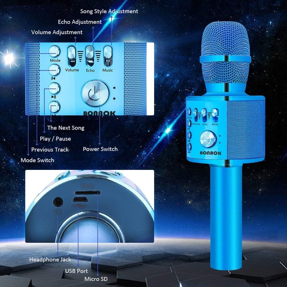 BONAOK Wireless Bluetooth Karaoke Microphone,3-in-1 Portable Instrument Wireless Microphone Mic Speaker Machine Home Party Birthday for All Smartphones（Black）