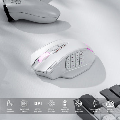 Redragon M913 Impact Elite Wireless Gaming Mouse, 16,000 DPI Wired/Wireless RGB Mouse with 16 Programmable Buttons, 45 Hr Battery and Pro Optical Sensor, 12 Side Buttons MMO Mouse
