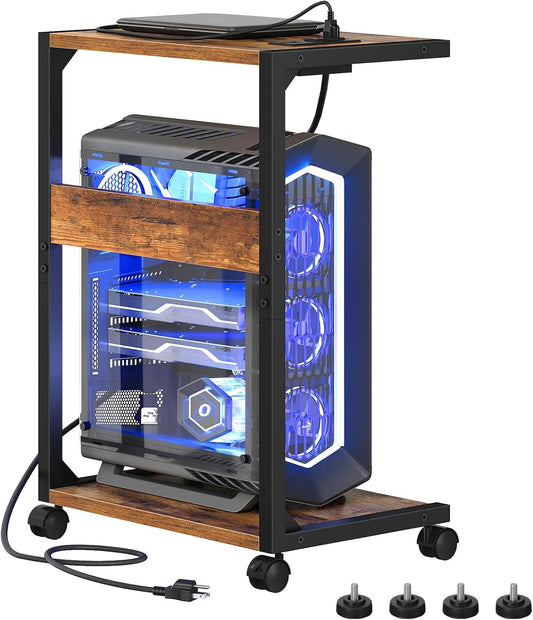 HOOBRO Computer Tower Stand, PC Stand with Charging Station, 2-Tier PC Tower Stand with Locking Caster Wheels, CPU Stand Fits Most PCs, for Floor, for Home Office Rustic Brown BF01UCJ01G1