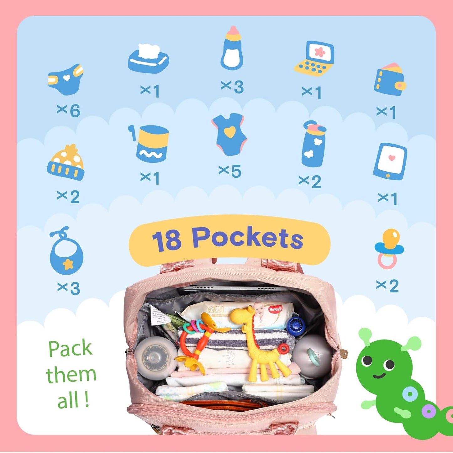 Diaper Bag Backpack, iniuniu Large Baby Bags with Diaper Pouch, Washable Changing Pad, Pacifier Case and Stroller Straps