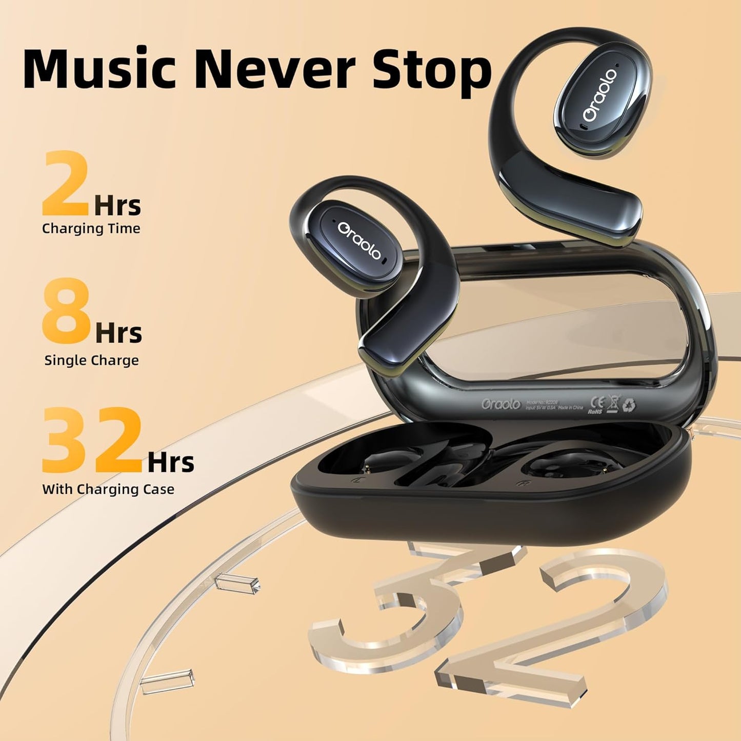 Oraolo Open Ear Headphones, Bluetooth 5.4 Wireless Earbuds with 16.2mm Large Driver, Open Ear Earbuds with AI Noise-Canceling, 32H Playtime, Water-Resistant Headphones for Outdoor (Black)