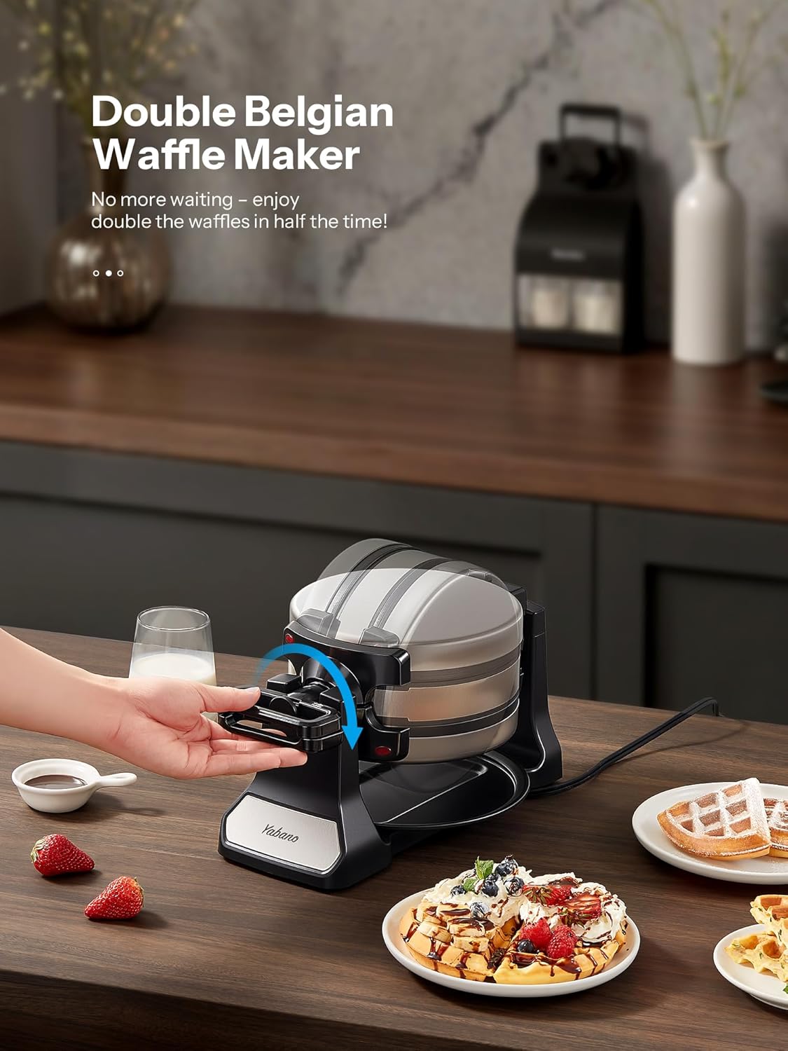 Belgian Waffle Maker with Double Waffle Plate, Yabano Rotating Waffle Iron with Nonstick Plates, Removable Drip Tray and Cool Touch Handles, Gaufrier Belge, Stainless Steel