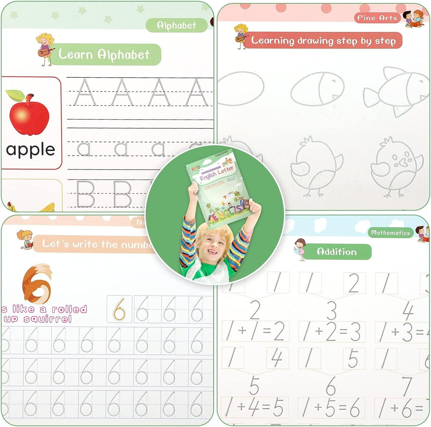 CosyCorner Magical Handwriting Workbooks Handwriting Practice Magic Copybook, Handwriting Aid Magic Pen Reusable Copybook Grooves Template Design for Children(4 Books, 10.2×7.2 in)
