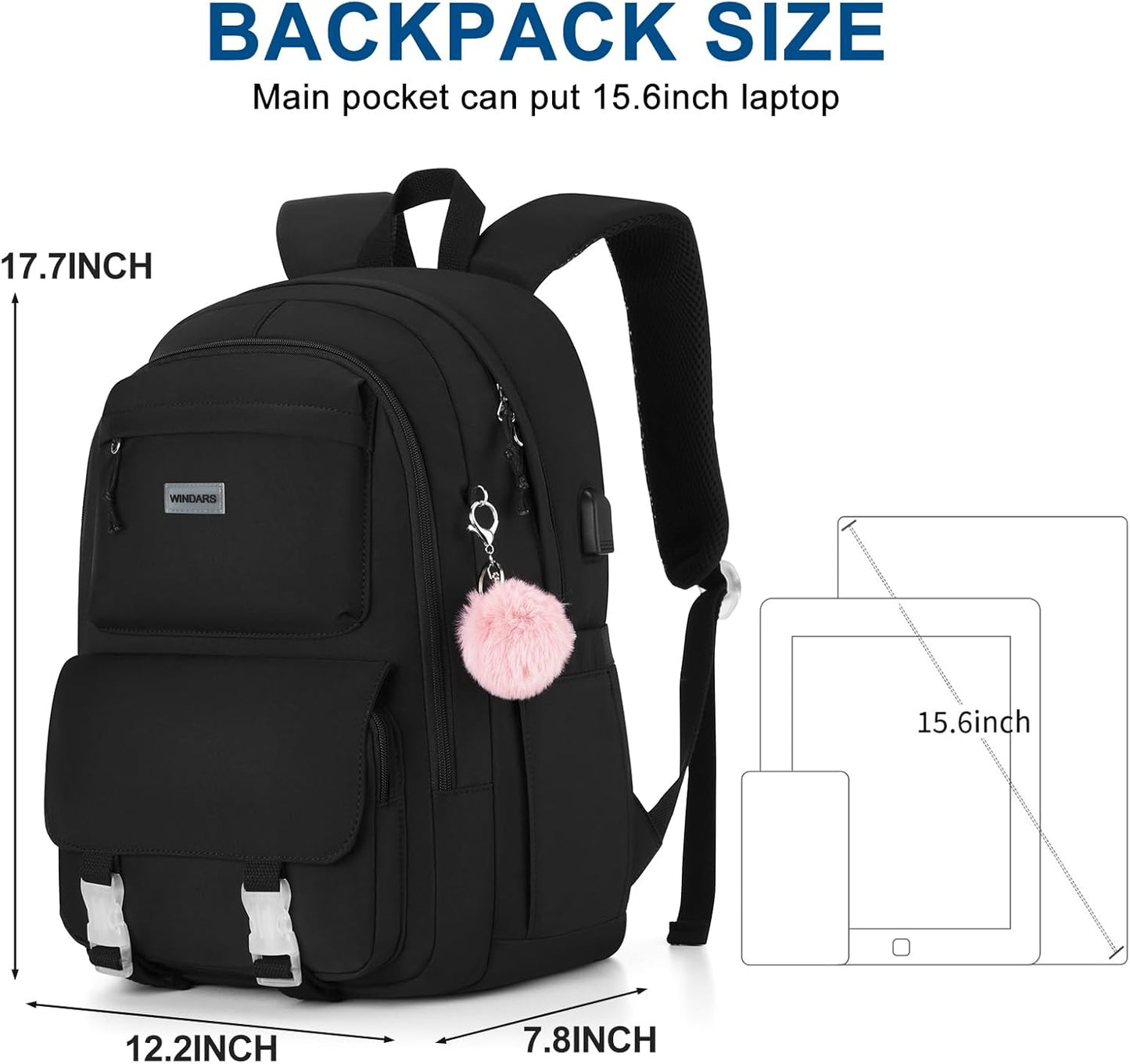 WINDARS Backpacks for Girls, 15.6 Inch School Bag Cute Waterproof laptop Bookbag Large College Backpack for Teen Women Students Anti Theft Travel Daypack Black