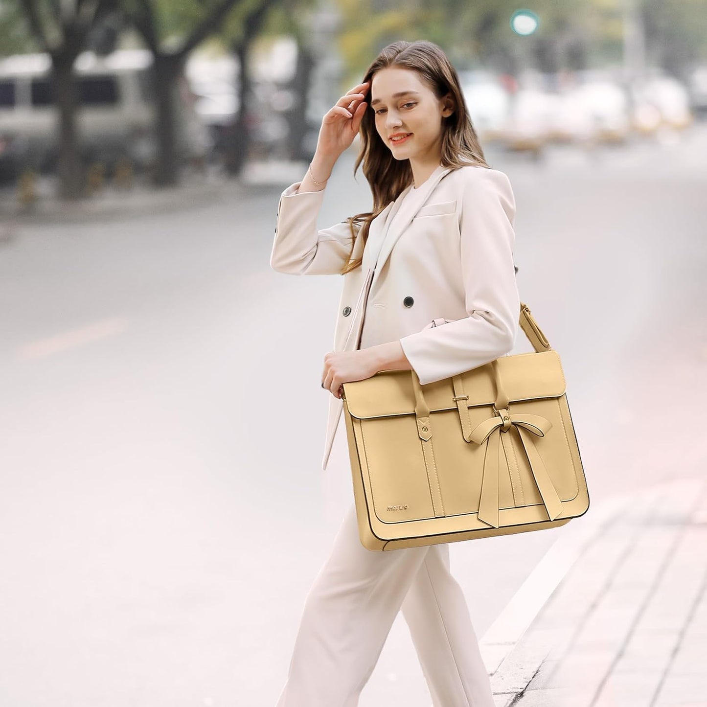 MOSISO Laptop Bag for Women, PU Leather Laptop Shoulder Bag Convertible Backpack, Work Travel Computer Bag with Bowknot - PuriLite