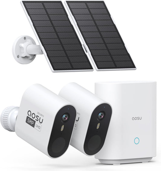 AOSU 5MP/3K Solar Security Cameras System 2-Kit, No Monthly Fee, 32GB Homebase Local Storage, 166° Ultra-Wide Angle Security Camera Wireless Outdoor, Forever-Solar Powered, Color Night Vision