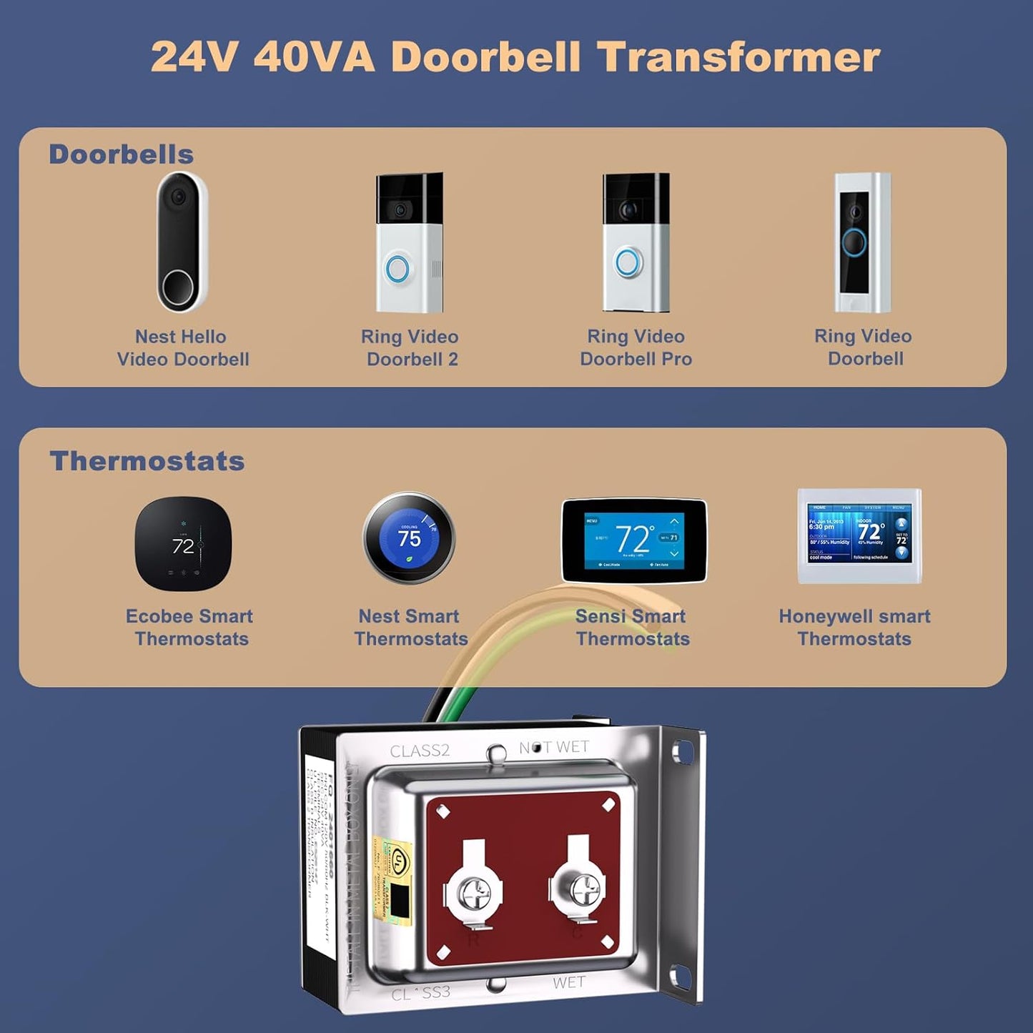 BENSN 24V 40VA Doorbell Transformer Compatible with Ring 2 3 Pro Video Nest Hello Doorbell Honeywell Ecobee Nest Sensi Thermostat Power Supply Adapter, UL Certification