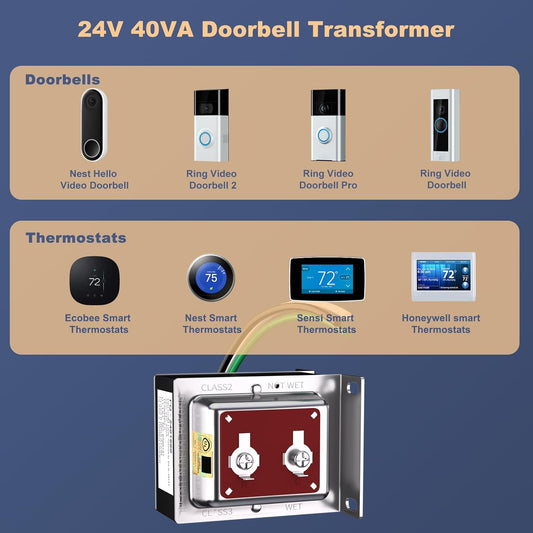 BENSN 24V 40VA Doorbell Transformer Compatible with Ring 2 3 Pro Video Nest Hello Doorbell Honeywell Ecobee Nest Sensi Thermostat Power Supply Adapter, UL Certification - PuriLite