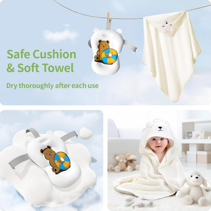Kerbwry Baby Bathtub for Newborn to Toddler, Baby Bath Tub with Soft Towel and Floating Cushion, Baignoire Pour Bébé, Shower Essentials for Newborn (0-18 Months) Grey