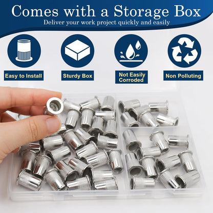 Vifmy Metric & SAE Rivet Nut Assortment Kit(420 Pcs),m3 m4 m5 m6 m8 m10 m12#6-32#8-32#10-24 1/4"-20 5/16"-18 3/8"-16 UNC Flat Head Rivnut Set,Zinc Plated Finish Carbon Steel Nutsert