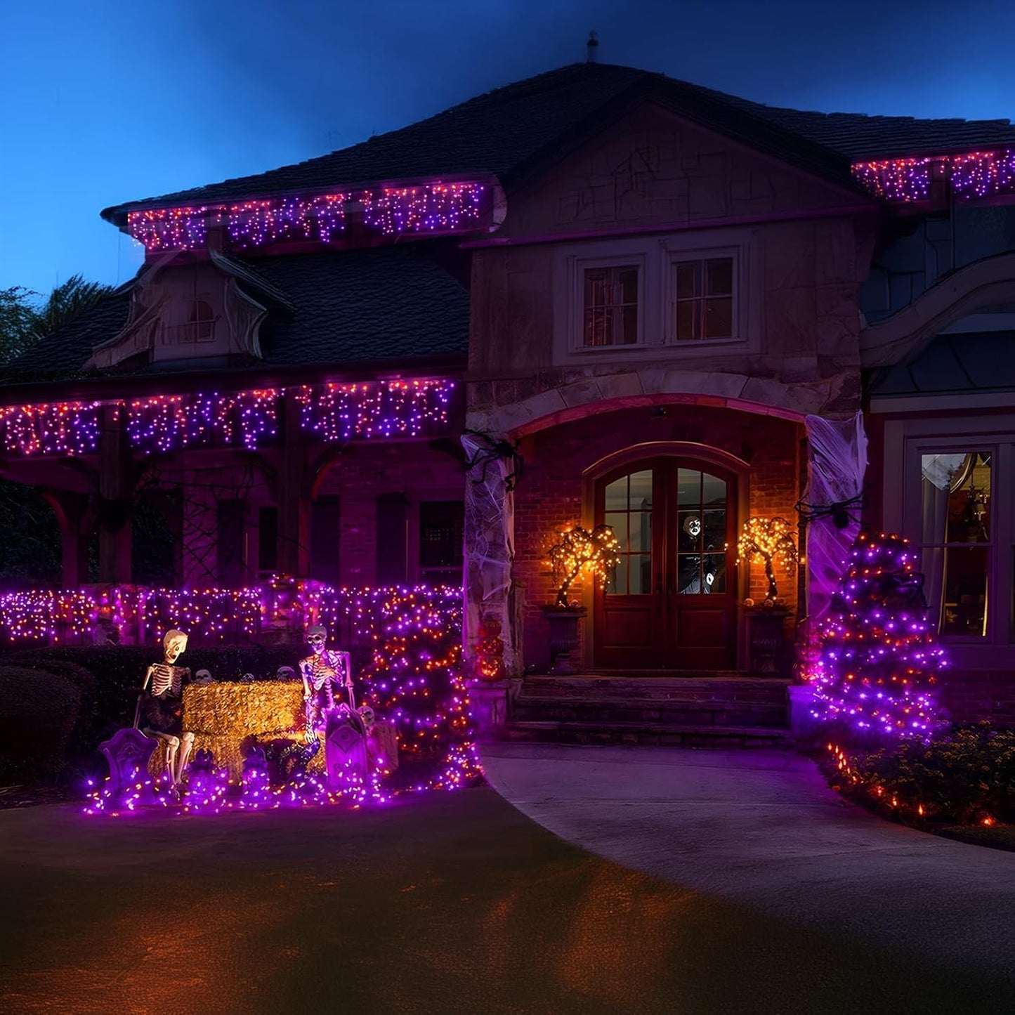 Haili Halloween Lights Outdoor, 105 FT 300 LED Halloween String Lights with Memory Function, Plug in 8 Mode String Lights for Halloween,Christmas,Party, Patio, House Decoration (Purple Orange)
