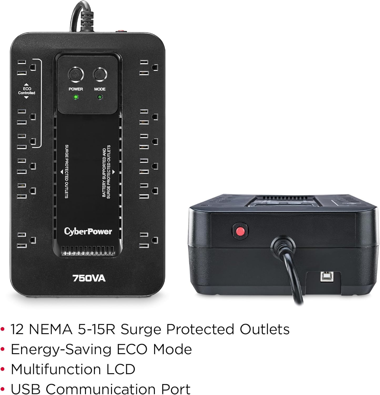 CyberPower EC850LCD Ecologic Battery Backup & Surge Protector UPS System, 850VA/510W, 12 Outlets, ECO Mode, Compact, Uninterruptible Power Supply