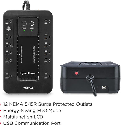 CyberPower EC850LCD Ecologic Battery Backup & Surge Protector UPS System, 850VA/510W, 12 Outlets, ECO Mode, Compact, Uninterruptible Power Supply