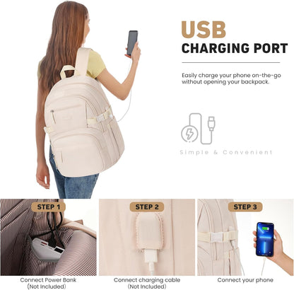 WINDARS Backpack for School Girls, Cute High School Backpacks for Teens Women Student Large Bookbag 15.6 Inch Laptop Bag with USB Charger Port for College Work Travel Trip (Beige Khaki)
