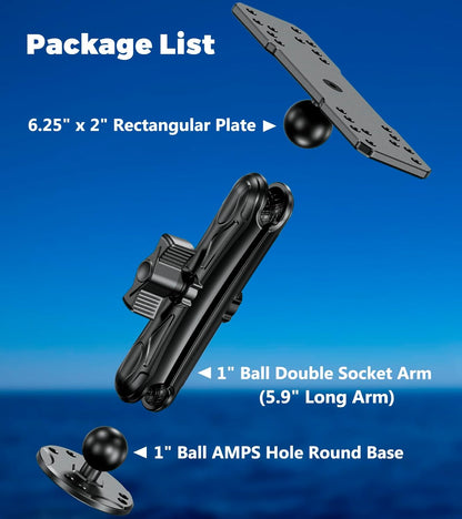 VAZESWIN Aluminum Alloy Fish Finder Mount with B Size 1" Ball Rectangle Plate & Round Base, 5.9" Long Arm Marine Electronic Mount Compatible with Garmin, Lowrance, Humminbird, Raymarine and More
