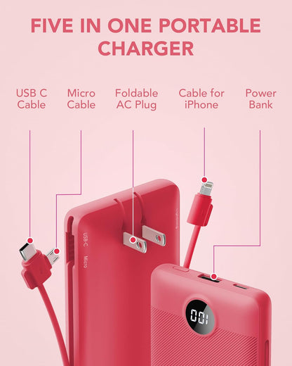 Portable Charger for iPhone, 10000mAh Power Bank with Built-in Cables & AC Wall Plug, USB C Phone Charger 5 Output External Battery Pack Compatible with iPhone Samsung Google Pixel Android -White