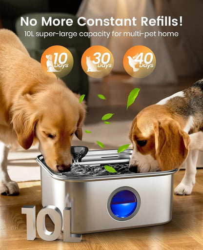 oneisall 10L Dog Water Fountain for Large Dogs (with 6 Filters) Deeper & Wider Drinking Area, Visualization Window & Triple Filtration,304 Stainless Steel Dog Water Bowl Dispenser